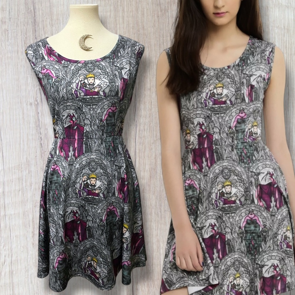 Disney Villians Maleficent Ursula Evil Queen Stained Glass Skater Dress Large